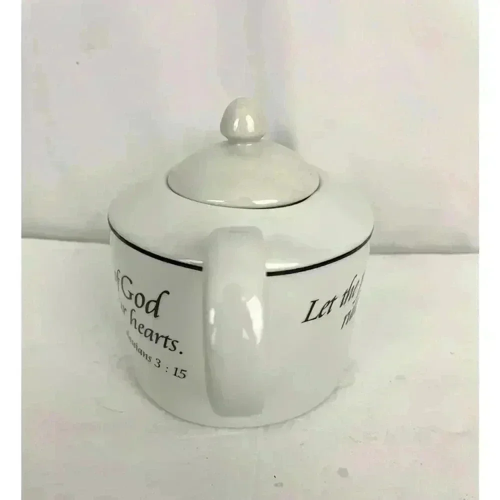 White Scripture Teapot Colossians 3:15‎ Peace of God Rule Hearts Microwave Safe